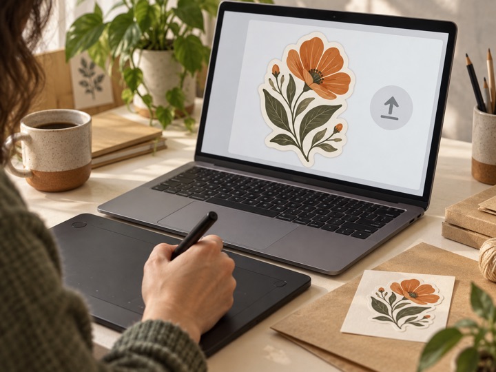 Customer preparing botanical sticker artwork for upload